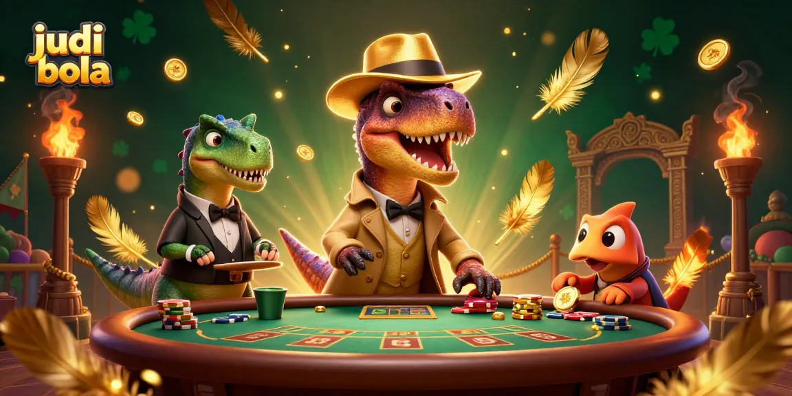 Menyaksikan aksi judi bola dengan velociraptor yang menyamar di meja blackjack, dikelilingi oleh koin emas dan efek kebakaran.