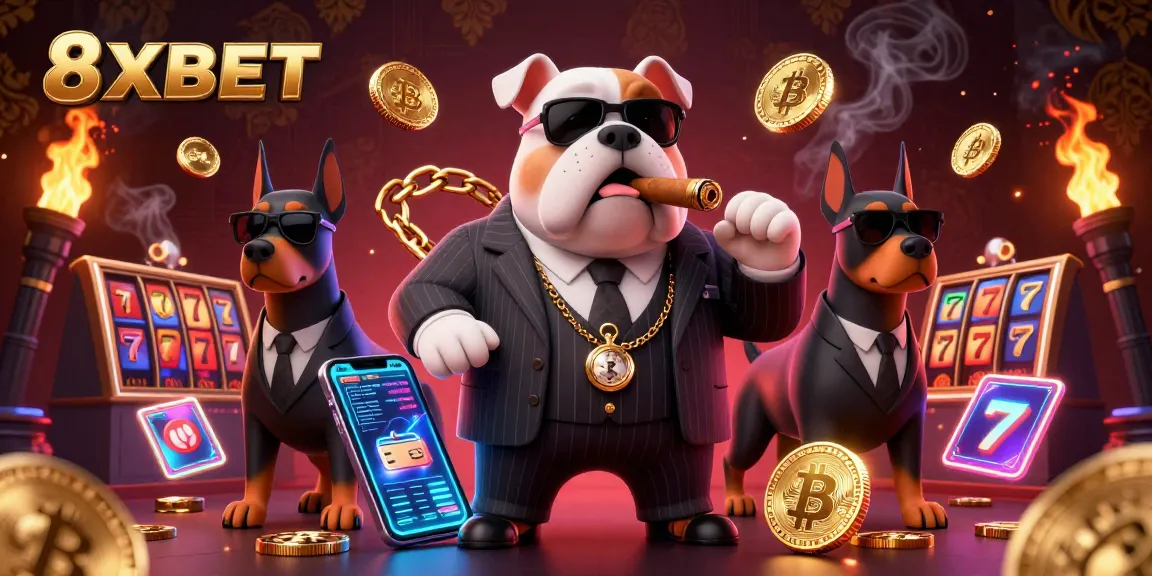 8XBET showcases an exciting online casino scene with a mafia boss and glowing digital elements.