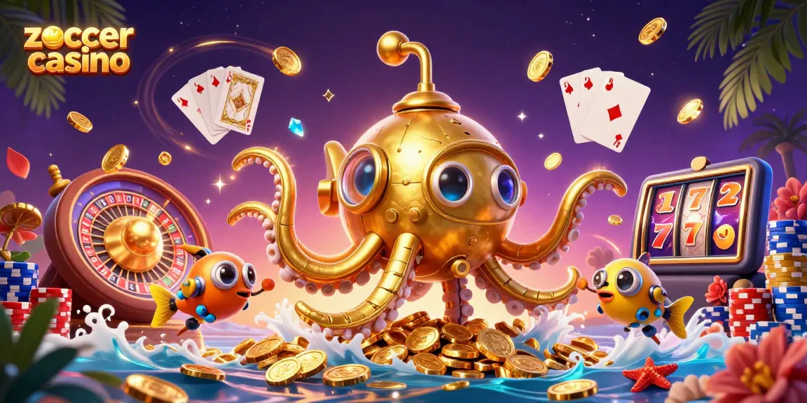 ZoccerCasino bietet eine fesselnde Atmosphäre mit goldenen Münzen und Spielautomaten, ideales Erlebnis für Spieler.