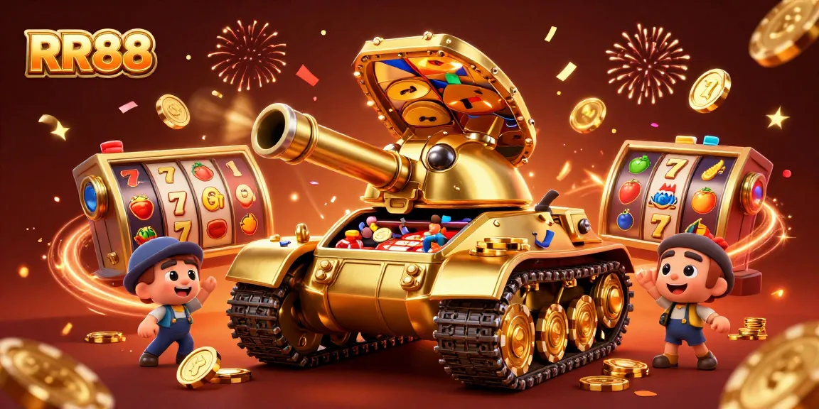 Experience the excitement of RR88 with a 3D golden beetle tank revealing a vibrant casino inside.