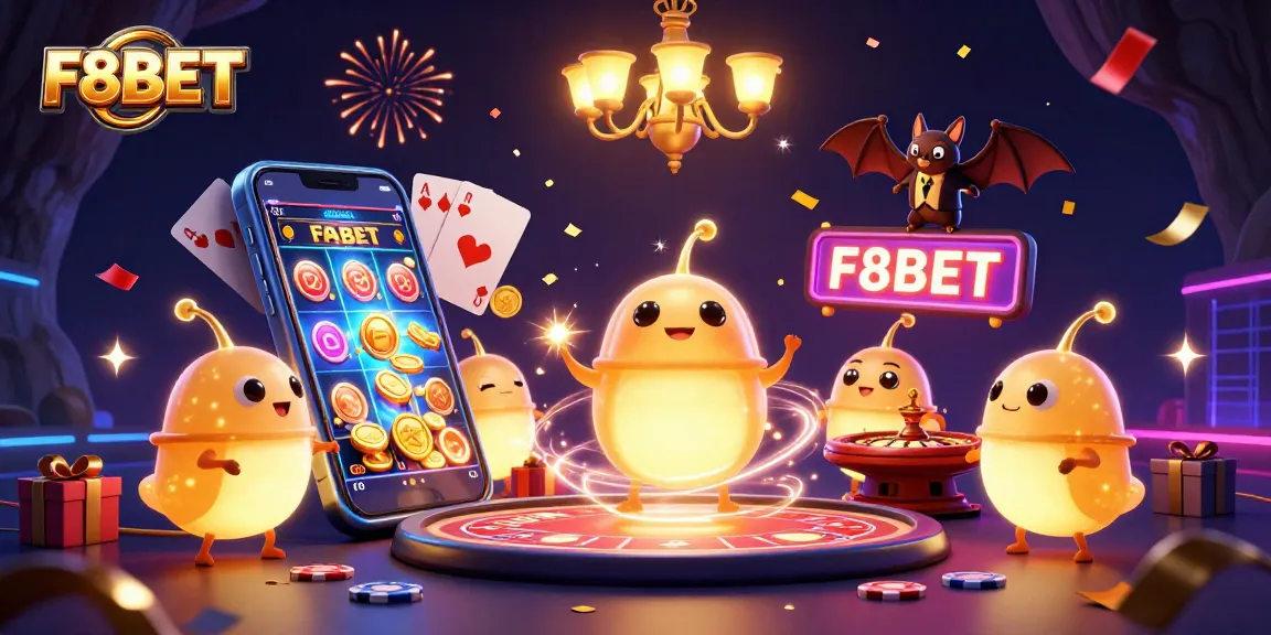 Engage with F8BET's vibrant online casino scene featuring glowing worm dealers and dynamic gaming elements.