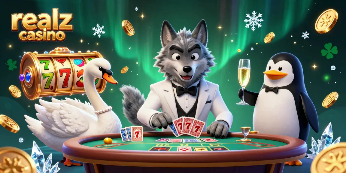 Experience the excitement at realz casino with a vibrant 3D illustration showcasing a debonair wolf, elegant swan, and penguin sommelier.