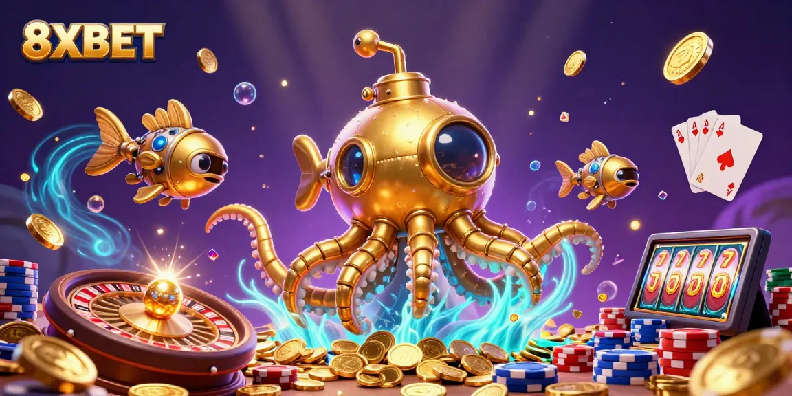Experience thrilling casino action with 8XBET's vibrant underwater treasure illustration, showcasing dynamic gaming elements.