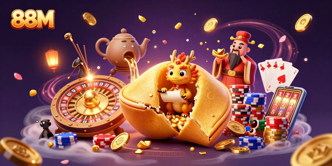 88M symbolizes thrilling casino adventures with a giant golden fortune cookie illustration.