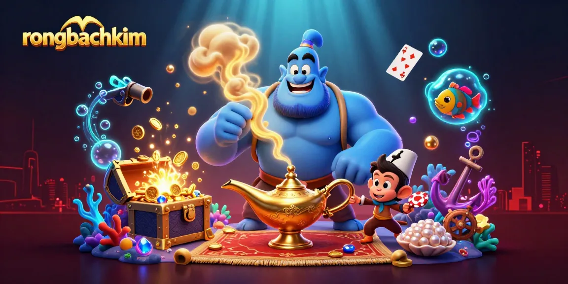 Experience the excitement of rongbachkim with a vibrant illustration of a genie, magic carpet, and poker chips.