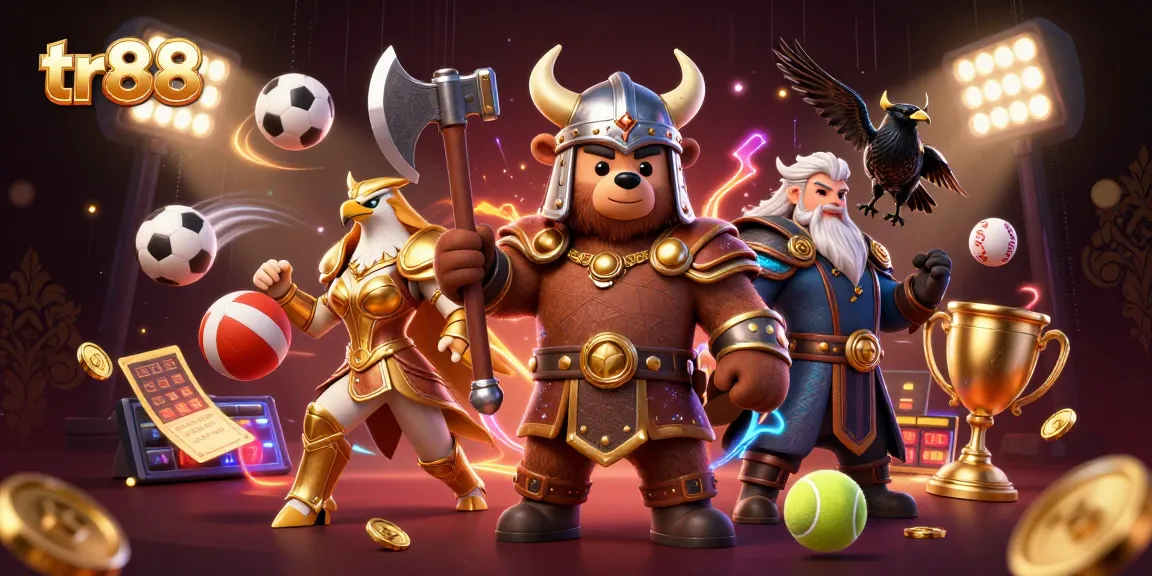 Engage in action-packed tr88 gaming with dynamic characters, trophies, and sports balls.