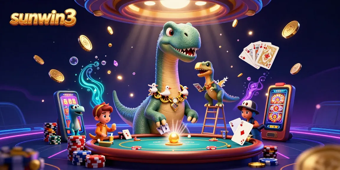 Experience the excitement of sunwin3 as the brontosaurus watches the card game unfold in a vibrant casino.