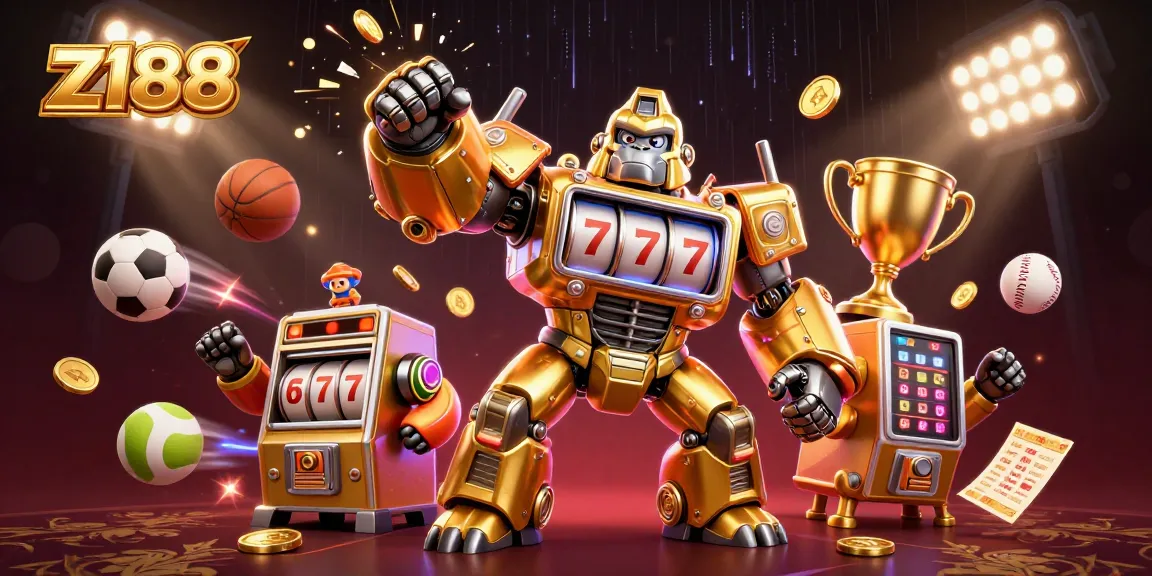 z188 showcases action-packed slots with a robotic gorilla mech and vibrant sports elements.