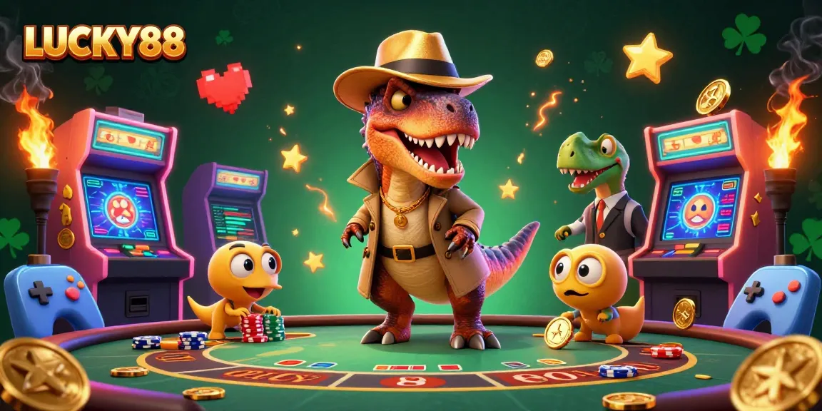 LUCKY88 players engaging in a blackjack showdown featuring a clever velociraptor and friends.