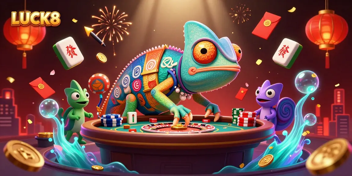 Experience exciting gaming at LUCK8 with vibrant 3D chameleon and dynamic casino elements.