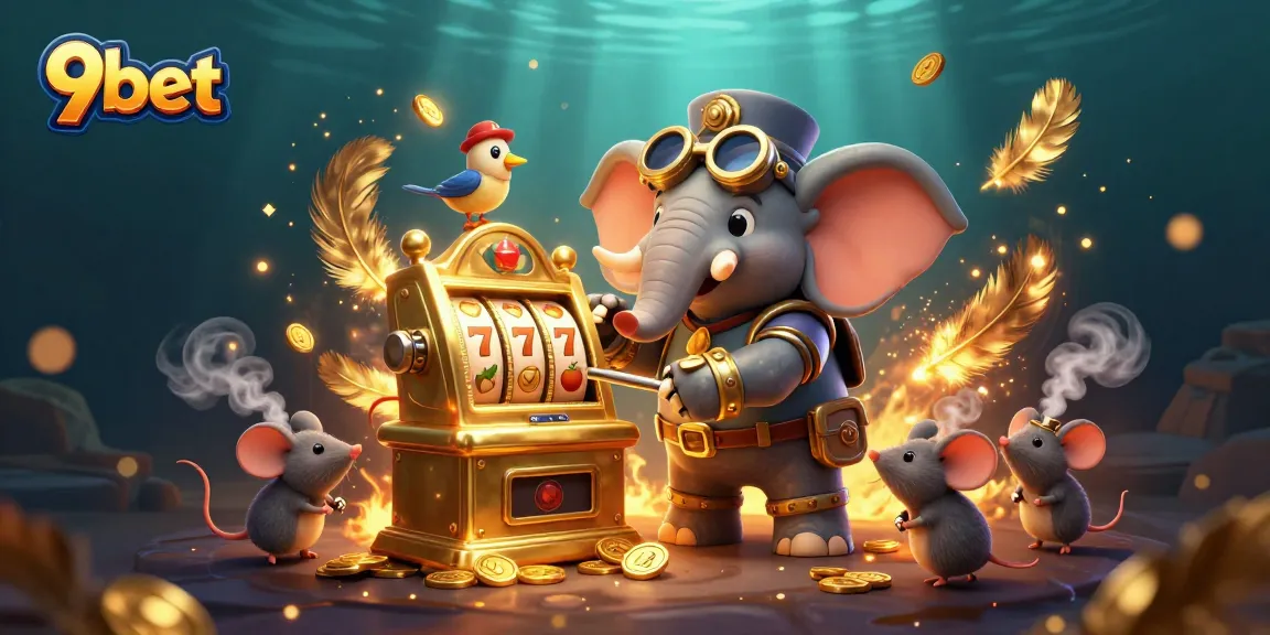 Spin the golden slot machine with 9bet at a vibrant steampunk casino scene filled with dynamic elements.