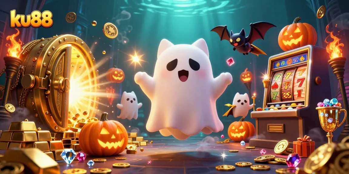 Experience the enchanting world of ku88 with vibrant casino illustrations featuring a friendly ghost cat and treasures.
