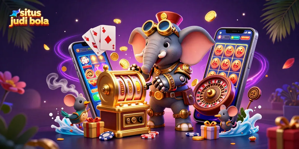 Engage in situs judi bola with a dynamic steampunk elephant operating a golden slot machine amidst thrilling gaming elements.