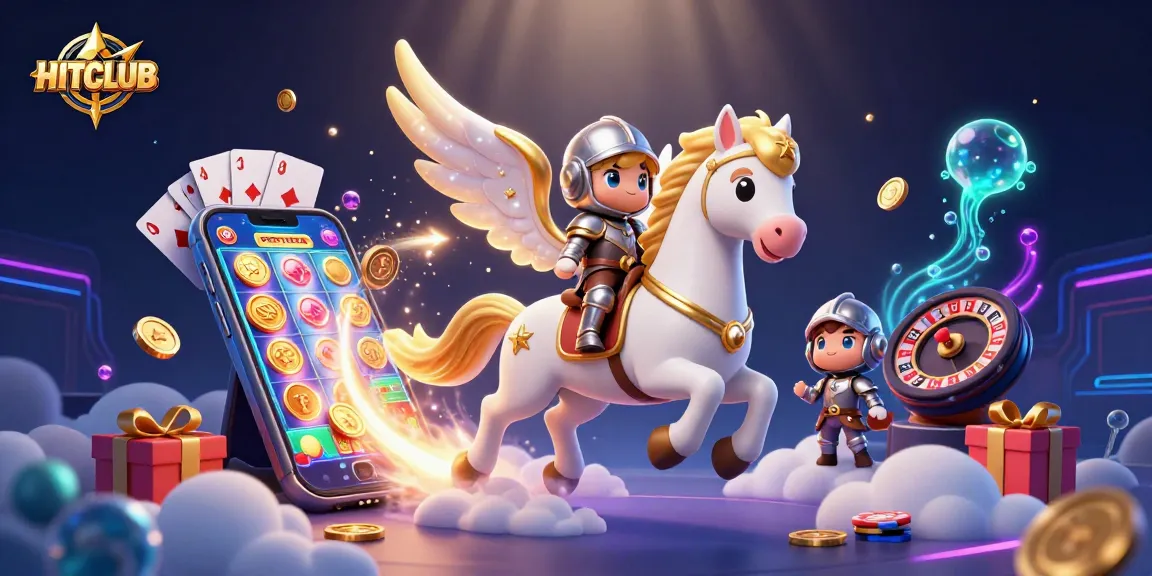 Engage with HITCLUB as the celestial horse and knight embrace exciting casino adventures in a dynamic 3D illustration.