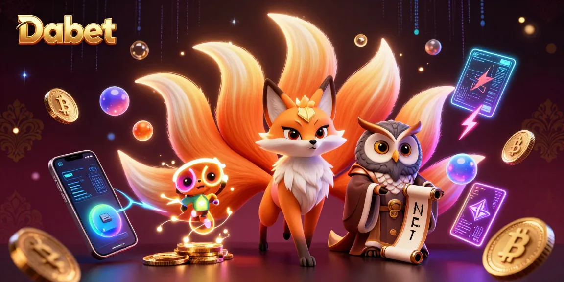 Dabet showcases a vibrant 3D illustration featuring a glowing fox spirit and wise owl amidst cryptocurrency elements.