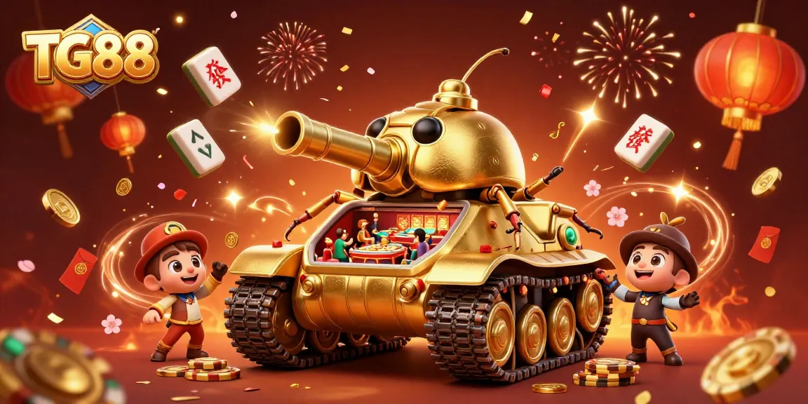 Join the excitement at TG88 with a festive casino scene featuring a golden beetle tank and colorful game elements.