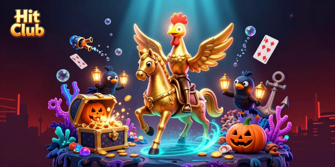 Hit Club features a golden rooster hero exploring a vibrant casino with thrilling gaming elements.