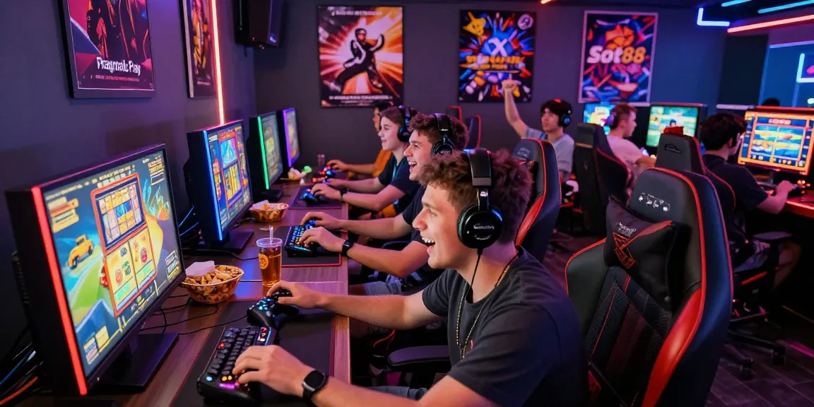 Team celebrating winning at oppa86 gaming lounge with vibrant atmosphere.