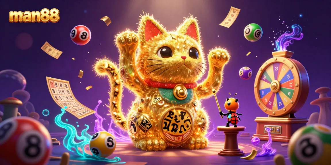 Experience the excitement of man88's vibrant casino world with a giant lucky cat and dynamic games.