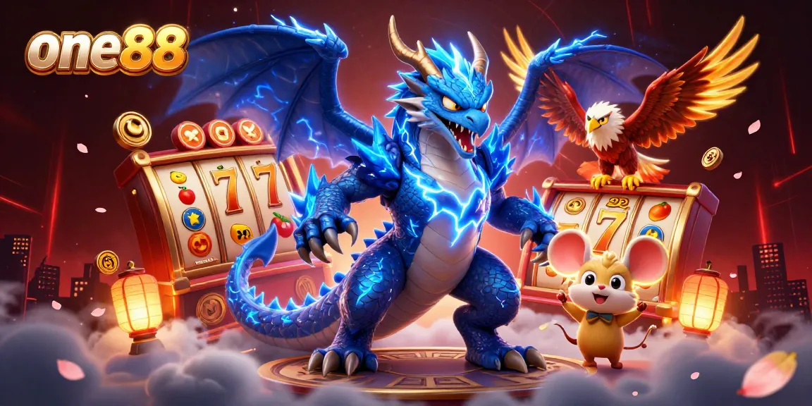 Experience thrilling jackpots and winning opportunities with one88 in this vibrant casino illustration.