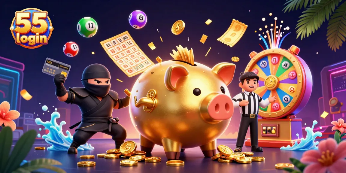 Engage with the lively 55 club login scene showcasing exciting gambling elements and animated characters.