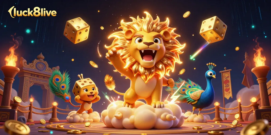 Experience the thrill of luck8live with golden dice and cosmic characters in this vibrant casino illustration.