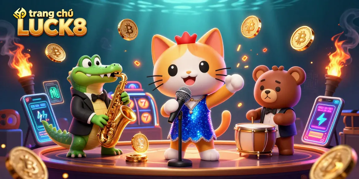 Engage with the exciting presentation of trang chủ LUCK8 in a vibrant casino scene featuring a jazzy cat, crocodile, and bear.