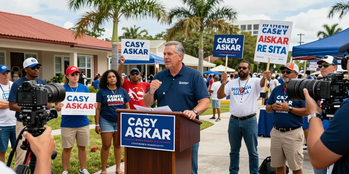 Casey Askar campaigning amidst supporters and protestors in Florida.