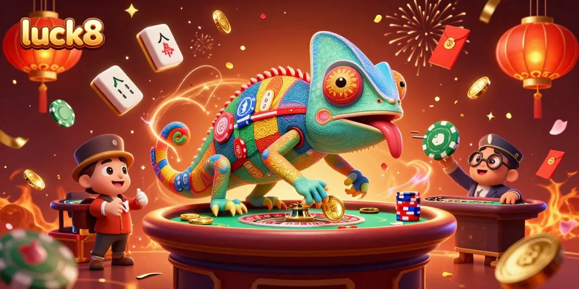Experience exciting gameplay at luck8 with a vibrant chameleon casino owner and festive casino elements.