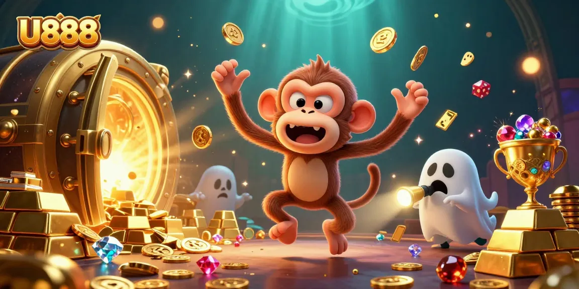 Experience thrilling gameplay at U888, where a playful poltergeist monkey and ghost-hunter puppy navigate a treasure-filled haunted casino.