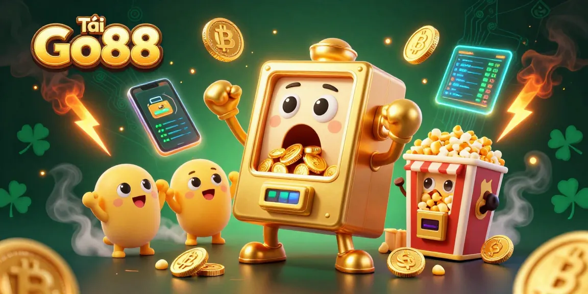 Tải Go88 video slot experience showcasing a gold slot machine hitting a jackpot amidst floating crypto elements