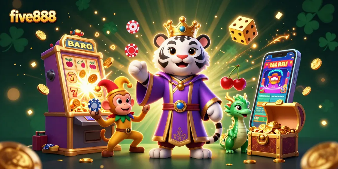 five888 casino scene features a regal white tiger, playful monkey, and energetic jade dragon amidst a slot machine explosion