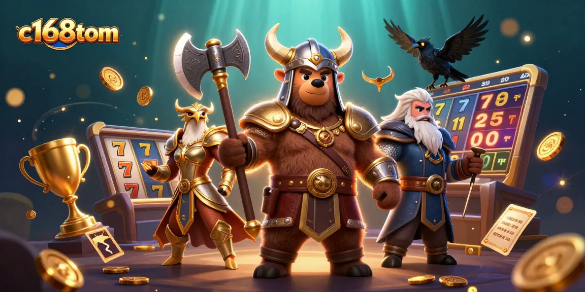 Experience thrilling slots at c168tom with action-packed Viking and Valkyrie characters amidst dynamic gaming elements!