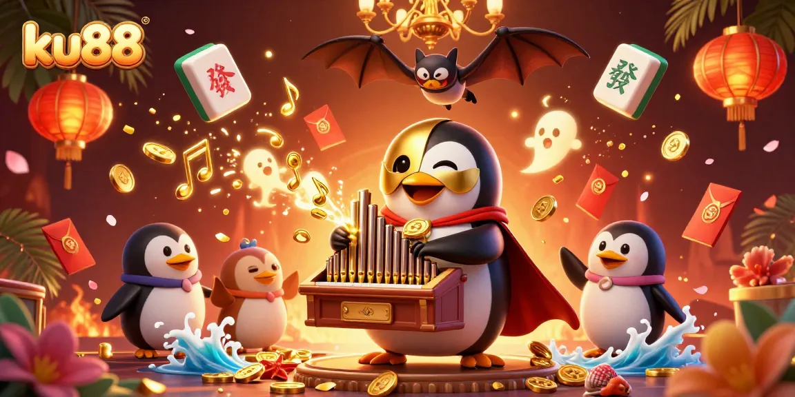 Experience thrilling gameplay with ku88 as a cartoon penguin plays the organ amidst golden coins.