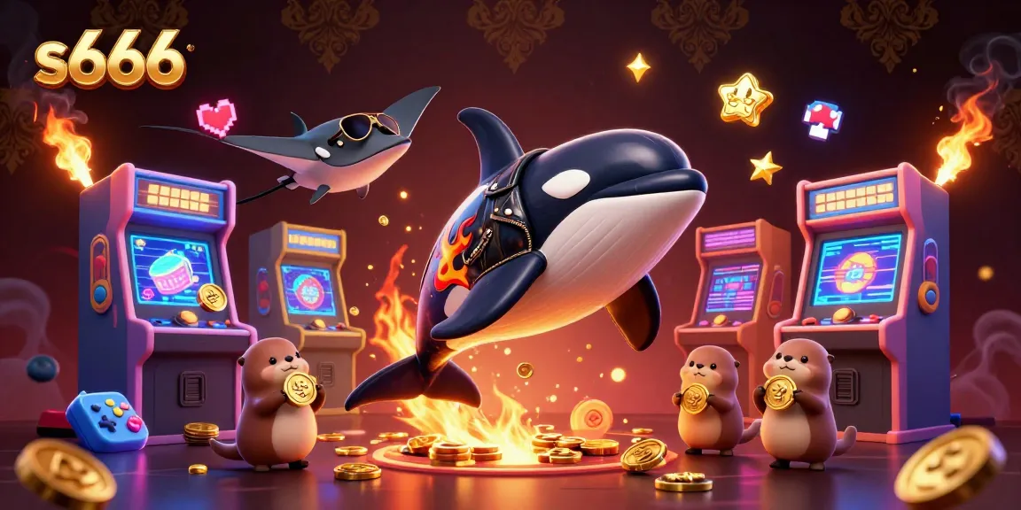 S666 gaming adventure featuring 3D cartoon characters and colorful casino elements with golden coins.