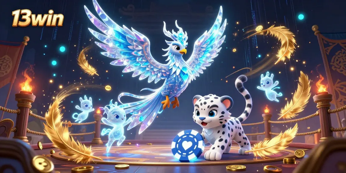 Engage with 13win's thrilling casino scene featuring an ice phoenix, poker chip actions, and vibrant gambling elements.