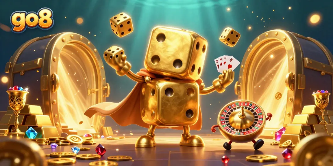 Experience go8's thrilling casino adventure with a vibrant golden dice golem and treasure.