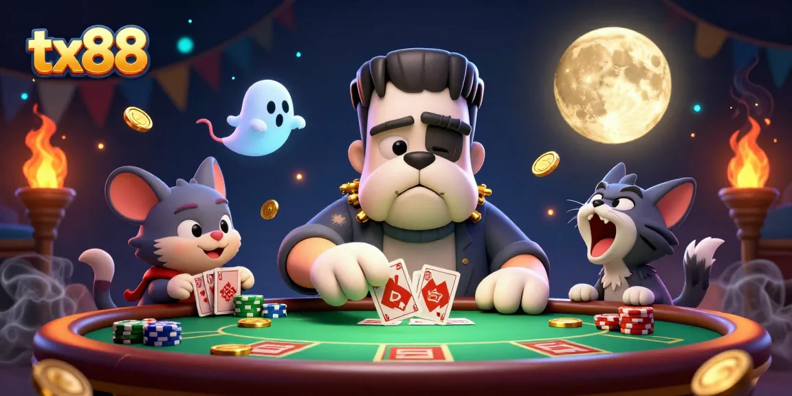 Engage in thrilling poker action with tx88 featuring a Frankenstein bulldog dealer, culminating in a spooky casino atmosphere.